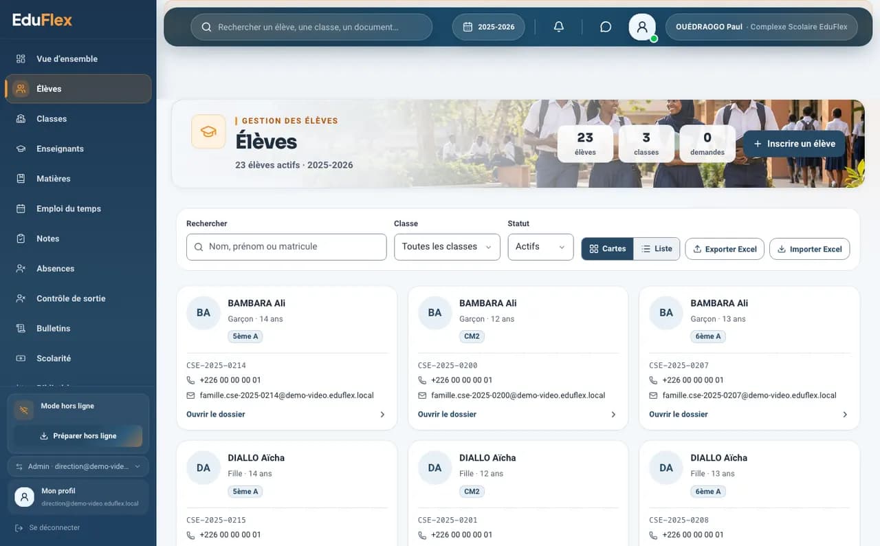 Portail établissement : liste des élèves avec recherche, filtres par classe et statut, cartes élèves, import et export Excel