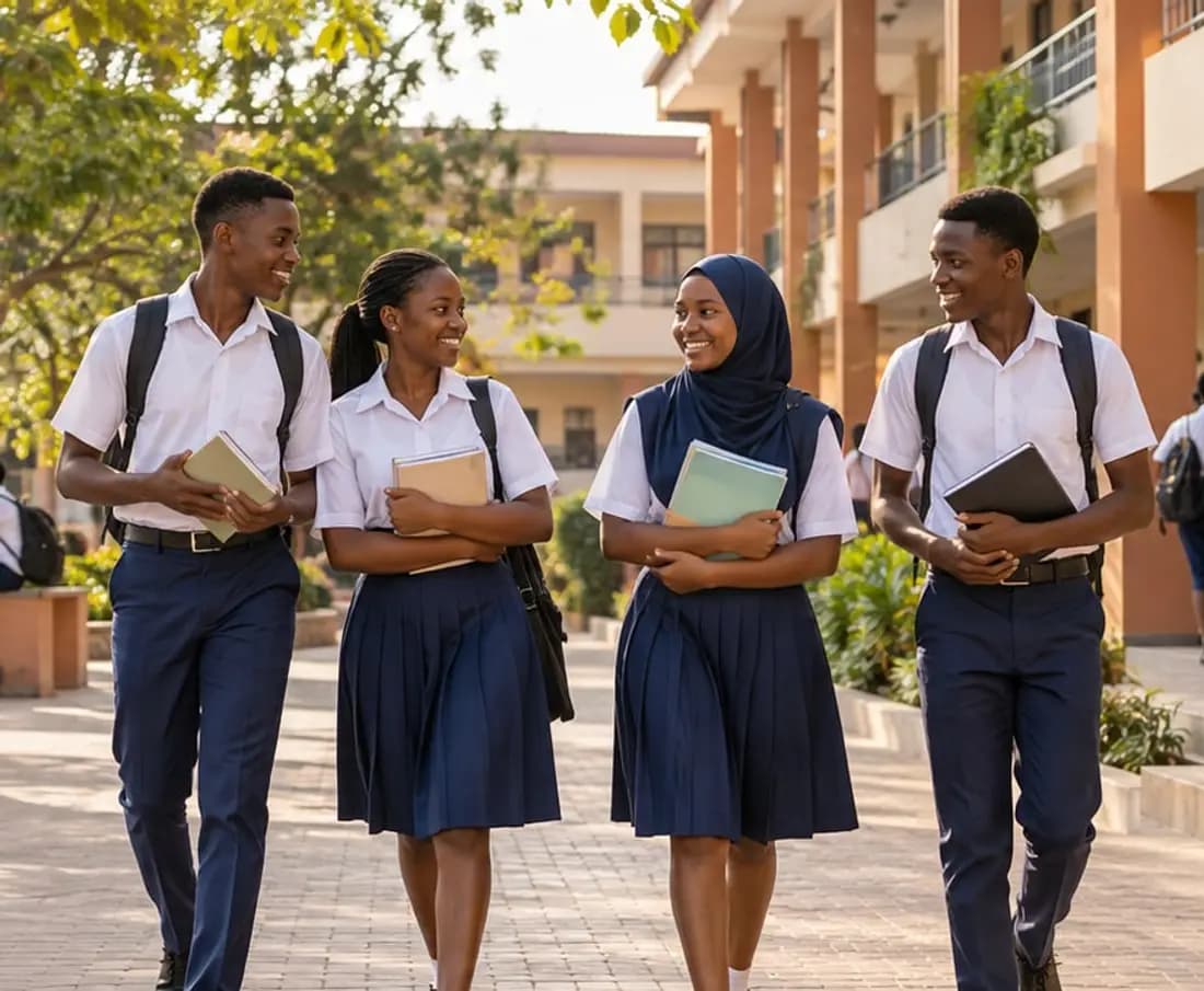 Élèves en uniforme dans la cour d'un lycée de Ouagadougou