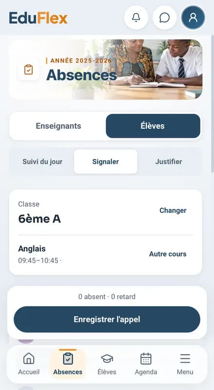 Appel d'une classe sur téléphone : présent, absent, retard pour chaque élève