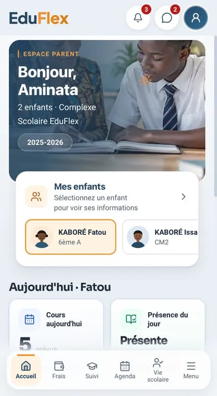 Application parent sur téléphone : accueil avec Mes enfants, présence du jour et cours