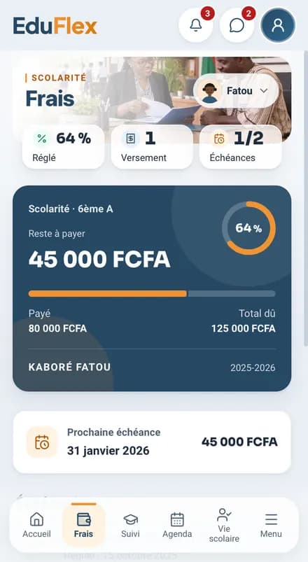 Scolarité sur téléphone : reste à payer, versements, prochaine échéance